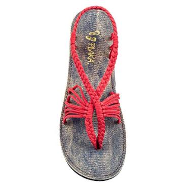 Imagem de Plaka Sandálias femininas de tiras planas Seashell | Sandálias Boho para mulheres | Sandálias de corda para caminhadas na praia, piscina e ocasiões elegantes, Vermelho, 11