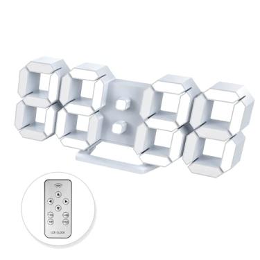 Imagem de Alarme digital LED, relógio de parede 3D mesa com escurecimento automático 12/24 horas data temperatura decoração de casa controle remoto soneca silenciosa USB luz noturna quarto sala de estar cozinha escritório 9,7 polegadas branco frio