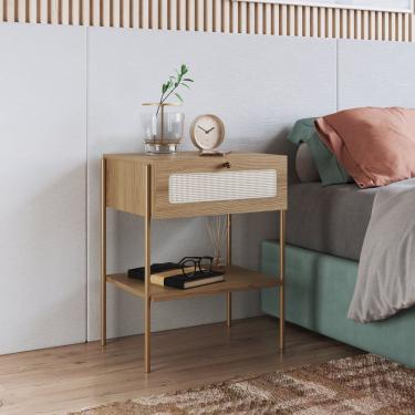 Imagem de Mesa De Cabeceira 1 Gaveta Palhinha Pé Metal Dourado Oslo Artesano Hanover/Dourado