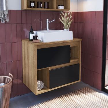 Imagem de Gabinete Para Banheiro Suspenso 60Cm Com 2 Gavetas Lvp03 Versato Nova Móbile Mel/Preto