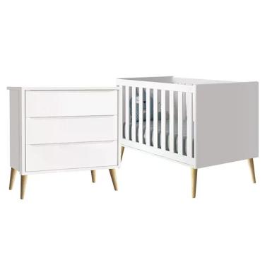 Imagem de Jogo De Quarto Infantil Berço Branco Fosco Com Pés Madeira Natural - Reller Móveis Bran...