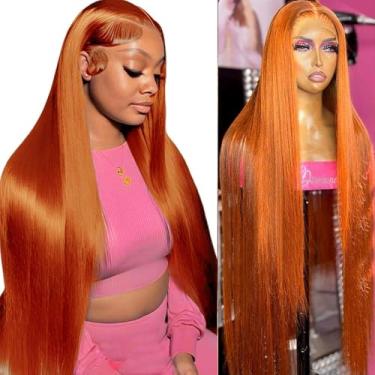 Imagem de Poysew Peruca De Renda Frontal Ruiva Laranja 28" Com Cabelo Humano Pré-Arrancado, Liso, 13X4, Hd Frontal, Densidade 180%