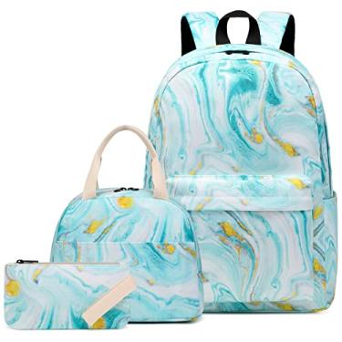 Imagem de Dezcrab Mochila Infantil Turquesa Mármore Para Meninas, Mochilas Escolares Adolescentes, Conjunto De Com Lancheira E Estojo (Azul-Petróleo)
