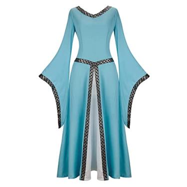 Imagem de Kranchungel Vestidos renascentistas para mulheres, fantasia de fada renascentista, vestido de baile, vestido camponês irlandês medieval, Vestido medieval azul claro, X-Large