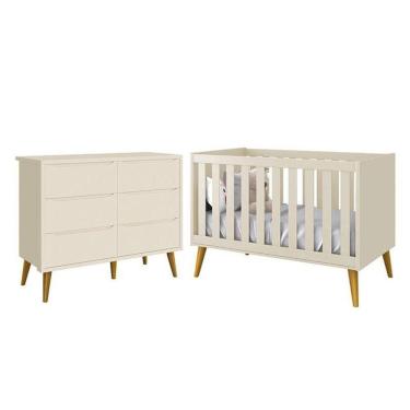 Imagem de Jogo De Quarto Infantil Theo Cômoda 6 Gavetas E Berço Areia Fosco Com Pés Amadeirado - Reller Móveis Areia Fosco