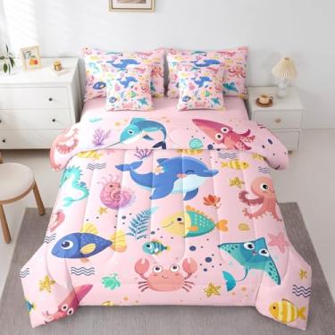 Imagem de Jogo de cama solteiro de 7 peças, animais marinhos, golfinho, cavalo-marinho, polvo, para meninas e mulheres, desenho animado submarino (edredom + lençol de cima + 2 fronhas + 2 fronhas de travesseiro