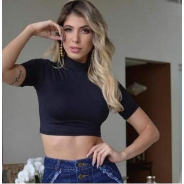 Imagem de Cropped feminino malha canelada gola alta manga curta básico - Moda fi