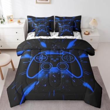Imagem de Feelyou Jogo de cama infantil casal, jogo de cama para jogos de galáxia, moderno, console de jogos, conjunto de edredom com lençol para meninos e meninas, 7 peças