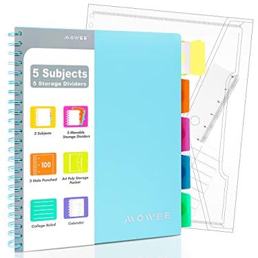 Imagem de MOWEE Caderno espiral – Caderno com 5 matérias, caderno pautado para faculdade, 3 furos perfurados com divisórias, bolsos de armazenamento, régua de 28 cm, 200 páginas, para escrever diário, casa e