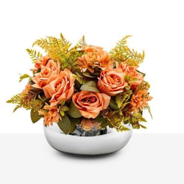 Imagem de Arranjo Rosas Artificial Decoração Vaso Vidro Espelhado Prata Médio - 