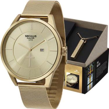 Imagem de Kit Relógio Seculus Masculino Long Life com Colar Pai Nosso 44041GPSKD