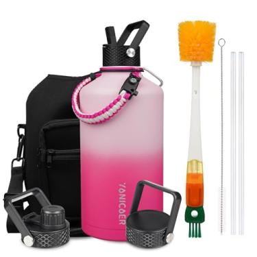 Imagem de YONICOER Garrafa de água isolada de 3,628 g, aço inoxidável a vácuo de parede tripla (pode ser lavada na lava-louças), à prova de vazamento e não BPA, jarro com alça de paracord e tampas de bico de