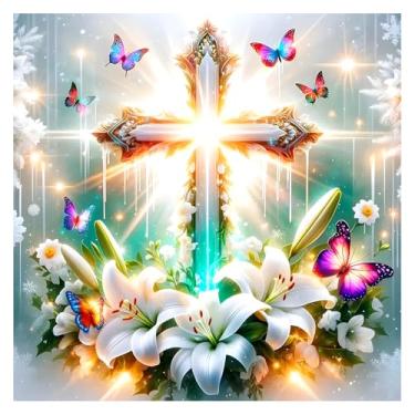 Imagem de FHBUBPUP Kits de pintura de diamante cruzado para adultos, kits de arte de diamante religioso para iniciantes - DIY broca completa diamante redondo ponto gema arte flor, presente de artesanato