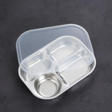 Imagem de zaoalife Bandeja retangular dividida de aço inoxidável, travessa de servir compacta, lanche de jantar com 4 seções, pratos de acampamento, controle de porção de alimentos dietéticos, prato de comida