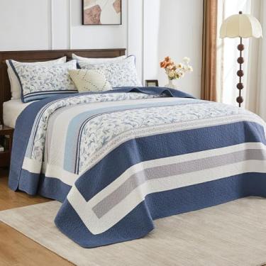 Imagem de QuiltMuse Colcha King Size 100% algodão 304,8 cm x 304,8 cm - Colcha King extragrande leve com 2 fronhas, colcha de cama acolchoada listrada botânica reversível, 3 peças, azul/branco