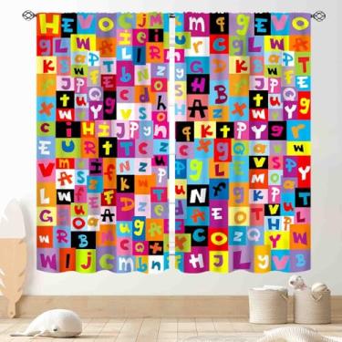 Imagem de TKUYO Cortinas de sala de aula do alfabeto ABC, desenho animado educativo, fofo, colorido, volta às aulas, cortina de janela roxa para bebês, meninas, meninos, quarto, sala de estar, berçário