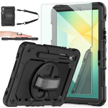 Imagem de Ambison Capa protetora para tablet Samsung Galaxy Tab S10 FE / S9 / S9 FE 5G com protetor de tela de vidro temperado 9H, suporte para lápis, suporte giratório 360, alça de mão, alça de ombro (preto)