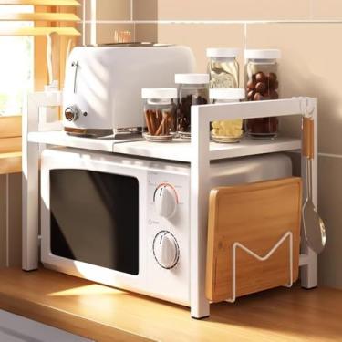 Imagem de inthome Suporte de prateleira de micro-ondas de cozinha de 2 níveis, rack de armazenamento de altura ajustável, bancada expansível para forno de micro-ondas, aço carbono, 6 ganchos e suporte para