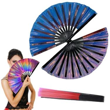 Imagem de Wyoutonon Ventilador de botas no chão, leques de dança de linha, grandes cores a laser holográficas dobráveis leques de palmas de rave de mão, fãs de clacking para festa discoteca dançante