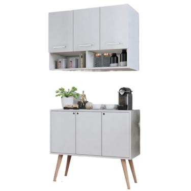 Imagem de Kit Cozinha Armário 3 Portas Balcão Multiuso Pés Madeira Organizador Móveis(BRANCO)