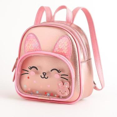 Imagem de Mochila Infantil Gatinha com Lantejoulas, Bolso Transparente e Detalhe