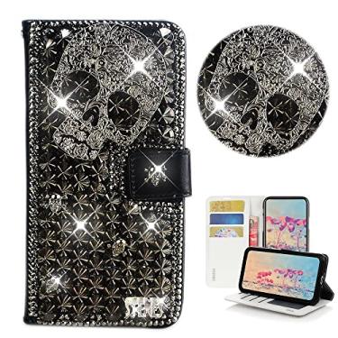 Imagem de STENES Capa de celular tipo carteira Bling compatível com Google Pixel 7 - Elegante - Capa de couro 3D feita à mão com caveira punk com glitter e alça de pescoço [pacote com 3] - preta