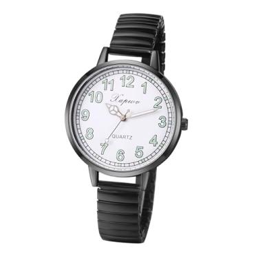 Imagem de JewelryWe Relógio de pulso feminino com mostrador grande e fácil leitura, dourado/prateado com pulseira elástica, Mostrador luminoso preto, relógio elástico