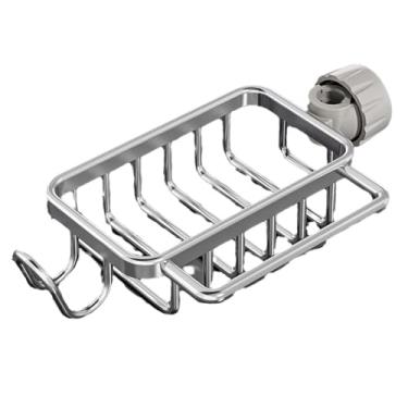 Imagem de Organizador de pia para esponja e pano de prato - suporte de torneira sem broca (serve para torneiras de 1,8 a 2,8 cm), prata brilhante | alumínio à prova de ferrugem | Rack de drenagem de cozinha