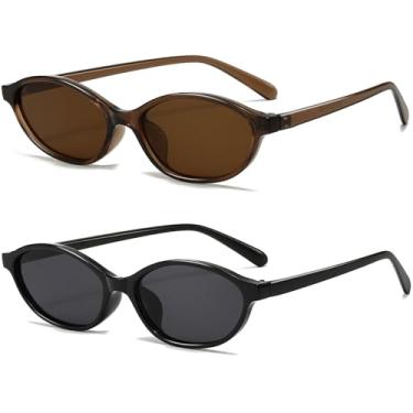 Imagem de Breaksun Óculos de sol ovais retrô para mulheres, moderno, oval, estreito, olho de gato, óculos escuros anos 90, vintage, Pacote com 2 (marrom/marrom + preto/cinza), MM