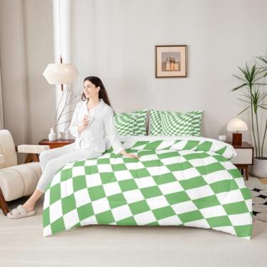 Imagem de Manfei Conjunto de cama Queen com 7 peças, quadriculado verde, malha quadrada de diamante, decoração de quarto de crianças, meninos e meninas, cama xadrez geométrica em uma bolsa com edredom, lençóis
