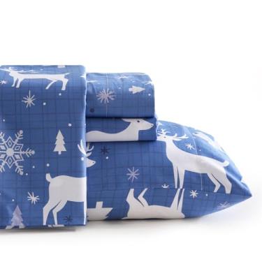 Imagem de JSD Jogo de cama king 100% algodão de Natal, estampa de rena xadrez azul, 300 fios, macio, respirável, lençol de cetim com bolso profundo