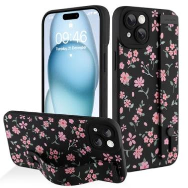 Imagem de AIGOMARA Capa para iPhone 15 com alça para mulheres e meninas, linda estampa floral rosa, capa protetora de silicone com suporte de faixa macia, preta