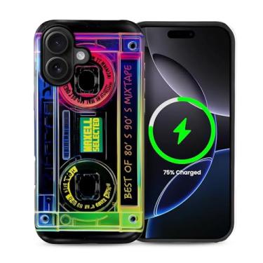 Imagem de Yuning419 Capa compatível com iPhone 16 [compatível com MagSafe] Capa rígida híbrida de 2 camadas, capa magnética protetora à prova de choque para iPhone 16, fita cassete retrô moderna