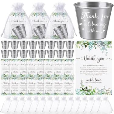 Imagem de CoscosX Conjunto de 60 lembrancinhas de casamento para convidados a granel inclui copos de shot de aço inoxidável de 42,5 g, cartões de agradecimento com sacos de organza para presentes de casamento