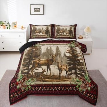 Imagem de jejeloiu Conjunto de edredom Queen com estampa de veado da floresta, para crianças, meninos e meninas, estilo cabana rústica, decoração de quarto, casa de fazenda, animais selvagens, 3 peças com 2