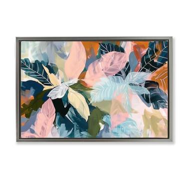 Imagem de Stupell Industries Oásis tropicais brilhantes folhas cinza moldura flutuante arte de parede design por Elara Yasna, 21 x 31