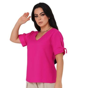 Imagem de Camisa Social Feminina Blusa Manga Curta Amarração Decote V Alfaiatari