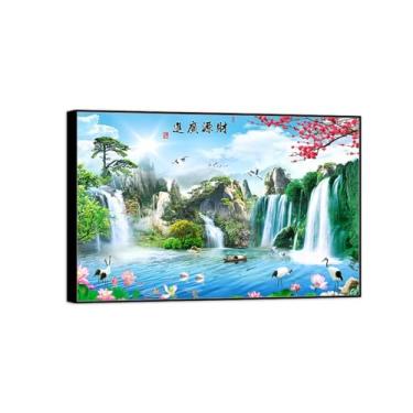 Imagem de BMZFYBS Impressão em tela de paisagem - Cachoeira Lago Lótus - Natureza Arte de parede Imagem Chinoiserie - Pôster de decoração de moldura preta 80 x 120 cm 31 x 47 pol