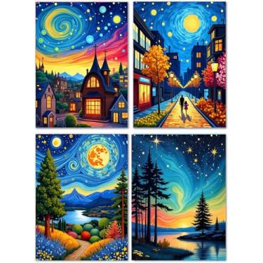 Imagem de Huacan Kits de pintura por números para adultos, iniciantes, 4 peças sem moldura, faça você mesmo, desenho de paisagem em tela, kit de pintura acrílica feito à mão com 8 pincéis 30 x 40 cm