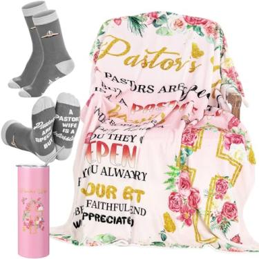 Imagem de HunnmingRe 3 peças de presentes de agradecimento de pastor esposa para mulheres, cobertor de 590 ml, copo com tampas e meias de palha, cesta de presente quente para Halloween, Natal, aniversário