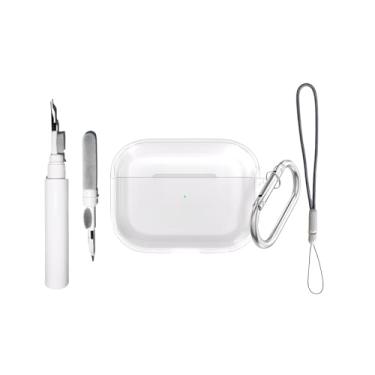 Imagem de [4 em 1] Capa SKPY compatível com AirPods com cancelamento ativo de ruído com chaveiro e cordão, capa de carregamento sem fio de TPU macio e transparente à prova de choque com kit de limpeza