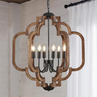 Imagem de lighceac Lustre vintage de fazenda de 62,5 cm, 8 luzes para sala de jantar, luminária pendente de teto de madeira rústica feita à mão para entrada, candelabros retrô marrom para cozinha, quarto, hall