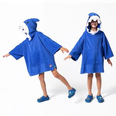 Imagem de Party Hoot Moletom infantil com estampa de tubarão – Toalha poncho com capuz com meia manga, algodão absorvente, certificado Oeko-Tex, idades de 6 a 10 anos, para banho, piscina e praia, aniversário