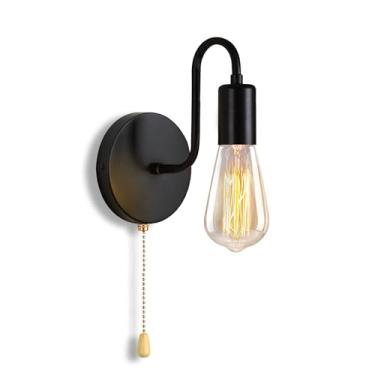 Imagem de DTIEDY Luminária de parede com corrente de puxar 1 luminária com interruptor liga/desliga, arandelas de parede pretas com fio interno vintage industrial E26 iluminação de parede para quarto, corredor