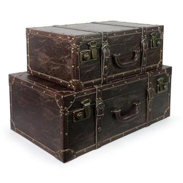 Imagem de DreamsEden Conjunto de malas de armazenamento de madeira vintage - porta-malas decorativas de couro com tiras, baús de exibição antigos para organização doméstica (marrom)