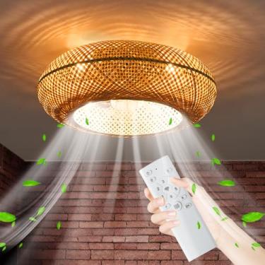 Imagem de PinRight Ventilador de teto de gaiola Boho de 50 cm com luz e controle remoto, ventilador de teto de bambu de baixo perfil, temporização fechada reversível de 6 velocidades, para quartos, salas de