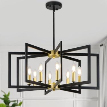 Imagem de WBinDX Lustre preto e dourado, luminária moderna para sala de jantar de 8 luzes, grande pingente geométrico, lustres pendurados de metal para hall de entrada, sala de estar quarto