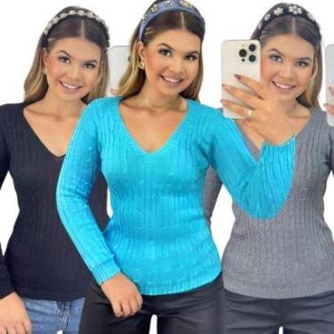 Imagem de Kit 3 Blusas FMF Femininas Suéter Malha Tricô Manga Longa-Feminino