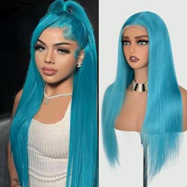 Imagem de Msviki Peruca frontal de renda azul petróleo claro cabelo humano 13x4 HD transparente lace frontal reta peruca pré-arrancada colorida para meninas 180% densidade cabelo humano brasileiro Remy para