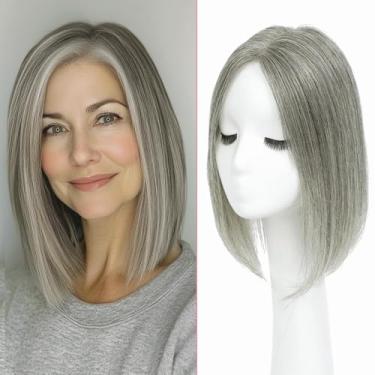 Imagem de YAMI Toppers de cabelo feminino 100% humano real para mulheres 30,5 cm grande atualização base suíça cobertura queda de cabelo e adicionar volume (cinza misto)